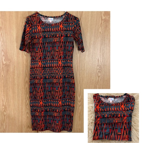 LuLaRoe Geometric Midi Dress - Gray and Orange - Picture 1 of 5